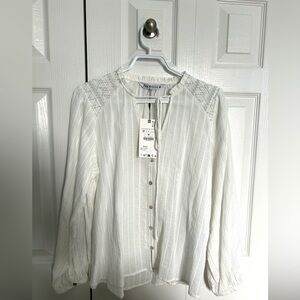 Zara Embroidered Cream Boho Blouse Long Sleeve Top Size M NWT